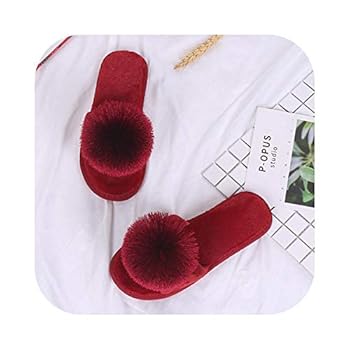 YenHJ DRESS Indoor Slippers Women Solid Faux Fur Slides Ladies Faux Furry Slippers Home Warm Winter Shoes Women Flip Flops Claquette Fourrure-Red Wine-7.5