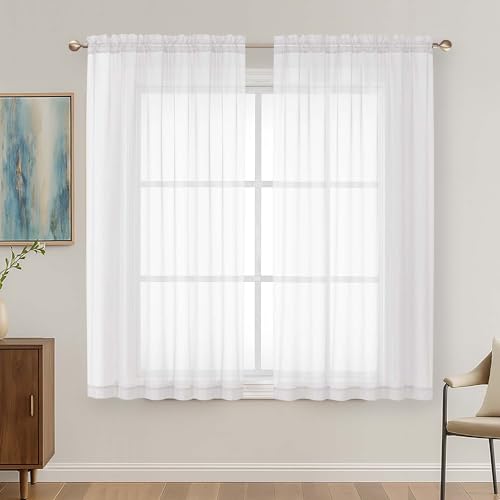 Image of OVZME White Sheer Curtains 63 Inches Long 2 Panels Set, Light Filtering Sheer Curtains for Living Room Bedroom 59 Inch Extra Wide, Modern Voile Filmy Rod Pocket Window Drapes, 59Wx63L Inches