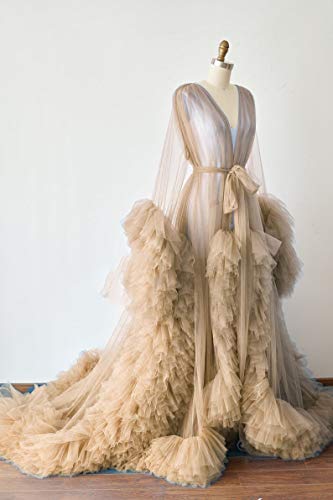 Image of BATHGOWN Sexy Illusion Long Lingerie Tulle Robe Nightgown Bathrobe Sleepwear Bridal Robe Wedding Scarf