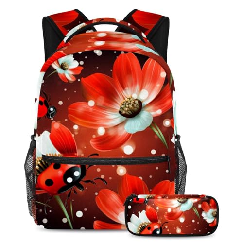 Cartable rouge insecte coccinelle grand format 17 pouces avec trousse scolaire enfant