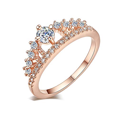 Nmch 2019 New Pretty Crown Lady Crystal Ring Princess Rings Fashion Rose Gold and Silver Finger Rings Jewelry(Rose Gold,7)