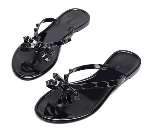 Image of Studded Jelly Shoes for Womens Bow Flip Flops Jellies Sandals Flat Black Summer Beach Thong with Rivets Strappy Slides Slip On