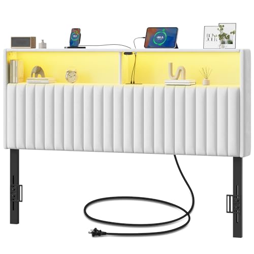 Rolanstar Headboard for Queen Size Bed with Storage, Velvet Upholstered Head Board with USB & Type C Port, 60,000 DIY Color of LED Light, Height Adjustable, Sturdy, Easy Assembly, White