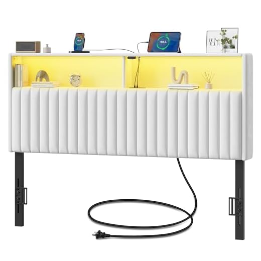 Rolanstar Headboard for Queen Size Bed with Storage, Velvet Upholstered Head Board with USB & Type C Port, 60,000 DIY Color of LED Light, Height Adjustable, Sturdy, Easy Assembly, White