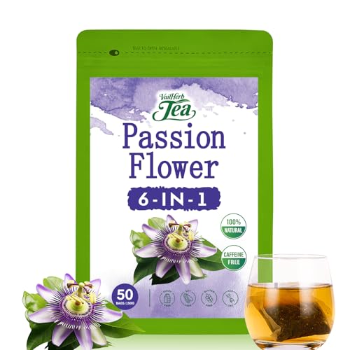 Image of VailHerbTea Passion Flower Tea Bags - 50 Count, Handcraft Herbal Tea for Relaxation & Sleep Support, Natural Formula w /Lemon Balm Ashwagandha Extract for Mood Balance - Caffeine-Free, Mild Taste Tea.