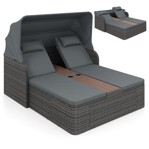 COSTWAY Tumbona Doble Jardin Exterior, Cama Balinesa de Ratán con Toldo Retráctil y Respaldos Ajustables, Tumbonas Piscina para 2 Personas con Mesa Central y Porta Vasos para Jardín Piscina (Gris)