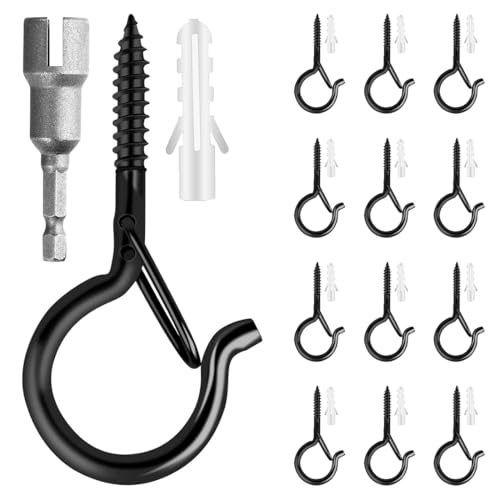 GGUFAY 12 Pièces Crochet a Visser,Crochet Plafond avec Loquet de Sécurité, Crochet Mural a Visser,Avec Clous à Expansion,pour Suspendre des Plantes, des Lumières, M5 (Noir)