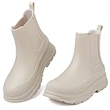 EYUSHIJIA Women's Short Rain Boots Waterproof Slip On Ankle Chelsea Booties (8 B(M), Beige-E)