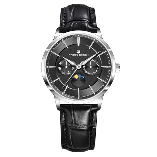 PAGRNE DESIGN Mode Minimalistisch Quarz Analog 40mm Edelstahl Datum Kalender Wasserdicht Leuchtend Herrenarmbanduhr Leder/Edelstahlarmband(Leder Schwarz 1)