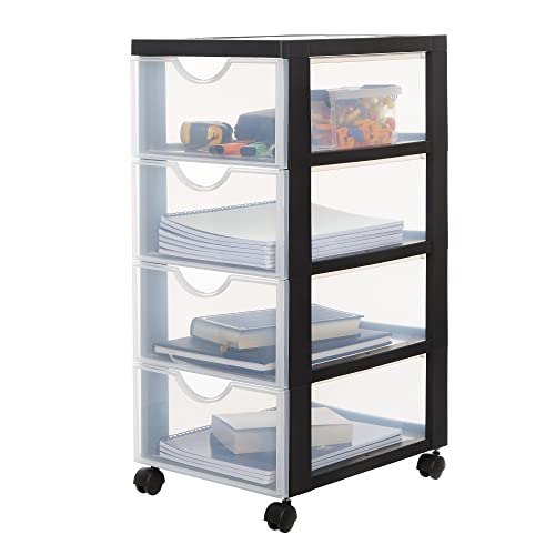 Iris Ohyama, Tour, Commode, Organisateur de rangement plastique avec Poignées ergonomiques, 4L, 4 Tiroirs, Avec roues, Sans BPA, Chambre,Bureau, Salon, DDDC-004, Noir