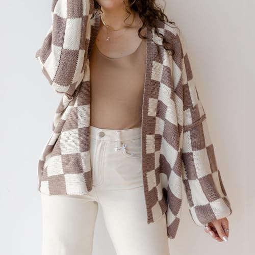 Womens Checkered Cardigan Sweater Loose Long Sleeve Open Front Sweater Knit Coat Casual Oversized Plaid Cardigan Tops3