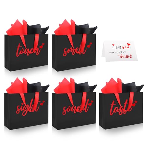 Epoesch 5 Senses Gift Bags for Him With Labels - Includes Tissue Paper & Greeting Card Unique Birthday ValentineS Day Anniversary Wedding Gifts for Boyfriend Bf or Husband (Black with red lettering)