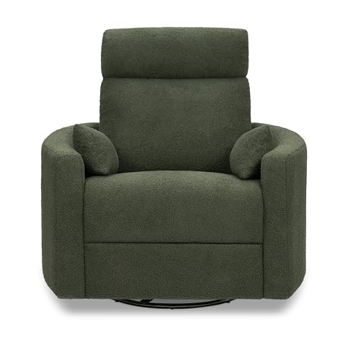 Image of Davinci Atlas Upholstered Recliner and Swivel Glider in Cozy Olive Boucle | Nursery Glider Chair with High Back, Padded Armrests, and Bolster Pillows | Smooth Recline for Nursing and Feeding