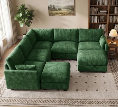 Image of Modular Sectional Sofa, Oversized V-Shaped Couch with Storage | High Resilience Foam, 22 inch Seat Depth, Movable Ottoman, Comfy Chenille, Easy Assembly, Green