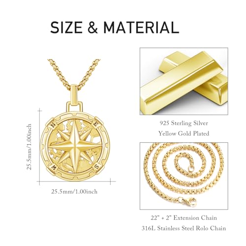 Collier boussole en argent 925 doré et acier avec chaîne réglable