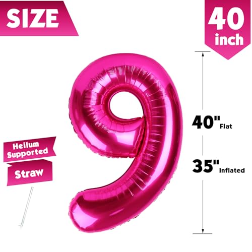 Image of 40 Inch Hot Pink Number 9 Balloon, 9th Birthday Party Decorations | 40 Inch Hot Pink inflatable foil number balloons, large birthday decorations for 9th birthday