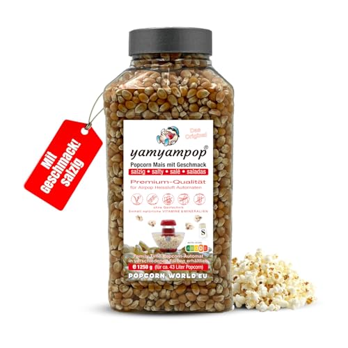 YamYamPop Popcorn Mais mit Geschmack salzig – 1250g Premium Popcornmais für die Heißluft Popcornmaschine – salziges Popcorn ohne zusätzliches Öl, Fett und Salz - keine Gentechnik (salzig)