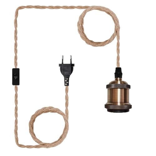 Chao Zan Douille E27 avec Câble 2m en Corde de Chanvre Tressée Suspension Luminaire en métal Vintage, Lustre Corde de Chanvre Rétro Interrupteur Kit Suspension Luminaire Cuisine Cave Loft Entrepôt (A)
