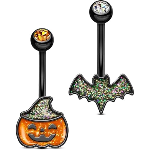 OUFER 2PCS Halloween Belly Button Rings, Pumpkin Bat Stainless Surgical Steel Belly Button Piercing Jewelry for Women Men, Orange Navel Piercing Jewelry, 14G Black Curved Barbells-10mm Black