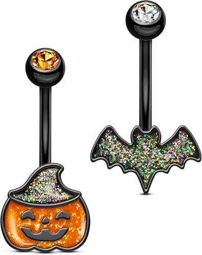 OUFER 2PCS Halloween Belly Button Rings, Pumpkin Bat Stainless Surgical Steel Belly Button Piercing Jewelry for Women Men, Orange Navel Piercing Jewelry, 14G Black Curved Barbells-10mm