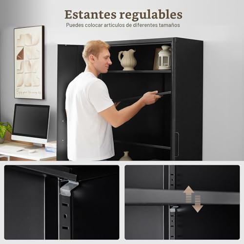 Miniatura 4 de Sightlife Armario Archivador Con Cerradura, Armario De Acero, Armario Multiusos De Metal Con 2 Puertas Para Oficina, Casa, Garaje, Gimnasio, Escuela, 170 X 78 X 39 Cm, Color Negro