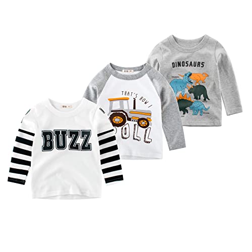 Boys Casual Long Sleeve Crew Neck Cotton Dinosaur Printed Tops T-Shirts 3 Packs Set 1-7T