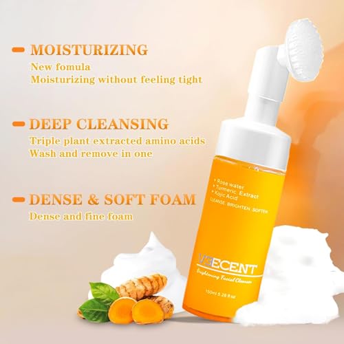 VEECENT Turmeric, Kojic Acid Brightening and Whitening Foaming Facial Cleanser,Reduce Dark Spot, Silicone Brush Cleansing Skincare Hydrating Facial Cleansing for All Skin