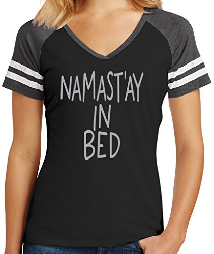 Ladies Namastay in Bed Game V-Neck Tee, 3XL Black/Heathered Charcoal