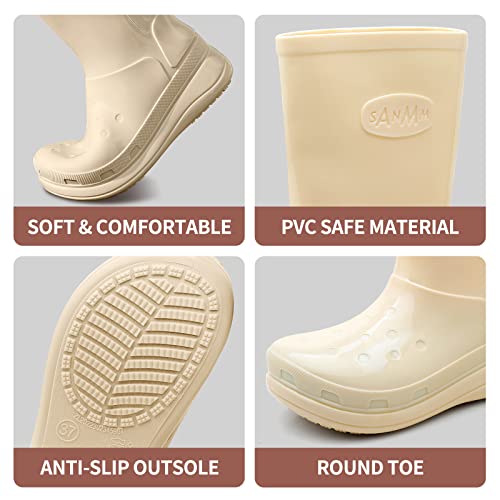 Lezzglt Rain Boots For Women And Men, Comfort Lightweight Cute Rubber Boots, Women's Mid Calf Waterproof Garden Boots, Platform Rubber Chelsea Ankle Adult Soft Rain Shoes And Outdoor Work Shoes,Beige, Size 7.5 #TOP3