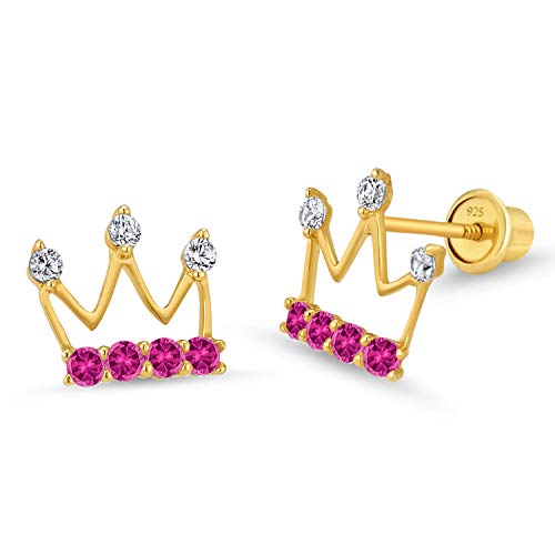 14k Gold Plated Brass Princess Crown Cubic Zirconia Screwback Baby Girls Earrings with Silver Post