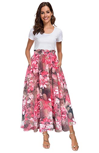 Afibi Women High Waist Floral Print Swing Chiffon Beach Midi Long Skirt with Pockets (XX-Large, Coral)