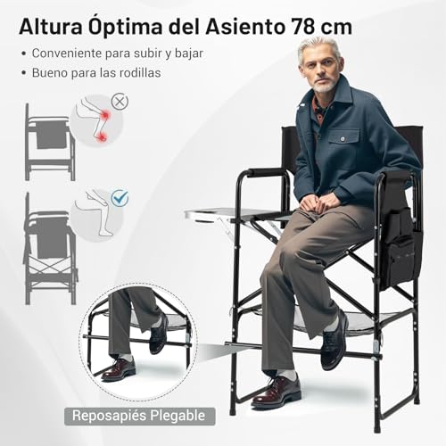 Miniatura 6 de Goplus Silla Alta De Director, Silla Plegable Para Maquillaje Con Mesa Lateral, Portavasos, Bolsillo De Almacenaje, Bolsa De Malla Y Reposapiés, Carga150 Kg, Ligera Para Camping Negro Gris