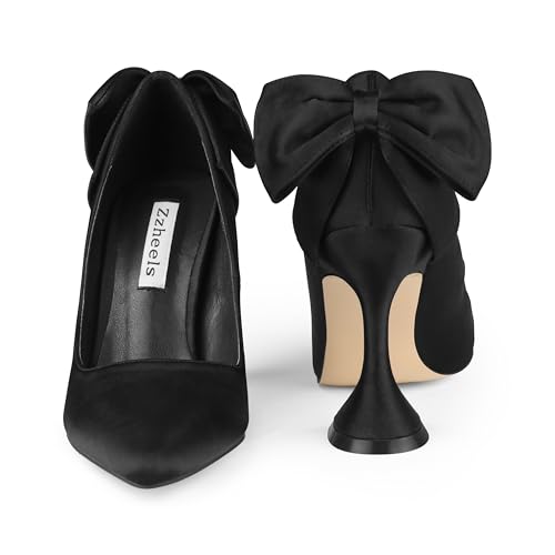 Image of Zzheels Women's Bow Heels Pointed Toe Chunky Pumps | Back Bow, Flare Heels, Block Heels, Bridal Wedding Shoes