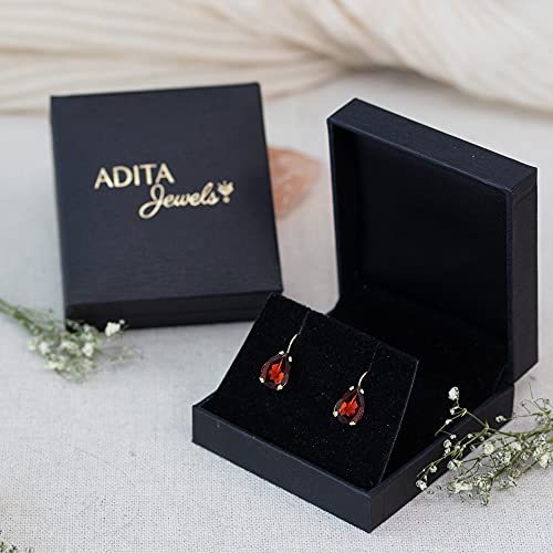 14K Gold Red Garnet Earrings - 14K Solid Yellow Gold Dangle Drop Earrings, January Birthstone, 7X10Mm Dark Red Genuine Garnet Natural Real Gemstone, Perfect Dainty Handmade Gift For Minimalist Women #TOP4