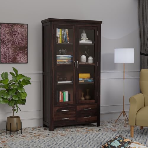 Image of Krishna Wood Decor Wood Big Book Shelf for Home Library | Wooden Bookshelf Cabinet with Acrylic Glass Door Storage | Home Furniture Crockery Kitchen Cabinet | Books Rack for Shelves | Walnut Finish