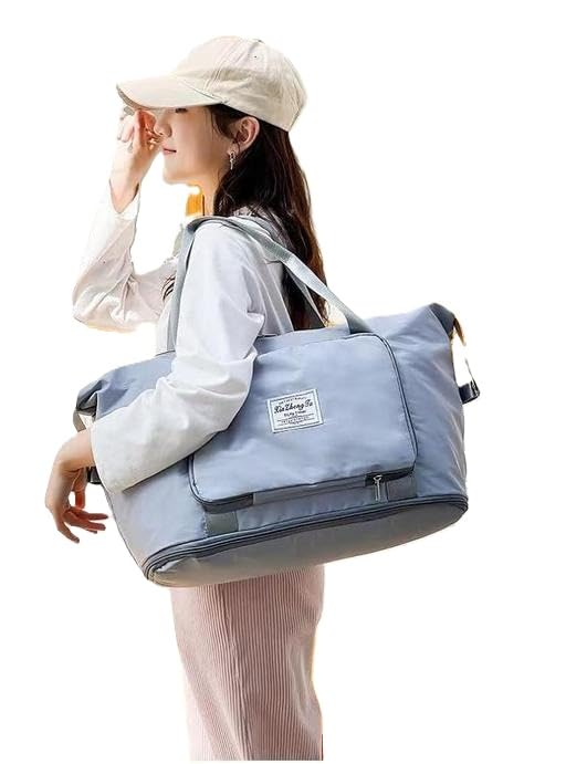 Foldable Travel Bag Expandable Large Capacity Lightweight Waterproof Carry On Shoulder Luggage Bag Grey Free Size-image-30