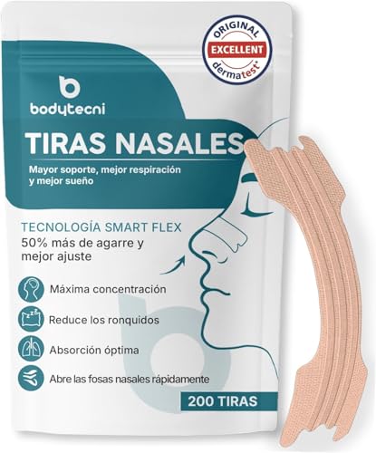 Bodytecni® MEGAPACK 200 Tiras Nasales Extra Fuertes | Nasal Strips Antironquidos | Facilitan la Respiración y el Descanso | Tiritas Nasales para Dormir, Alivio de la Congestión y Respirar Mejor