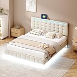 Letto Matrimoniale Sospeso con LED Beige - Design Innovativo e Comodo, Modernità e Funzionalità in Unica Struttura