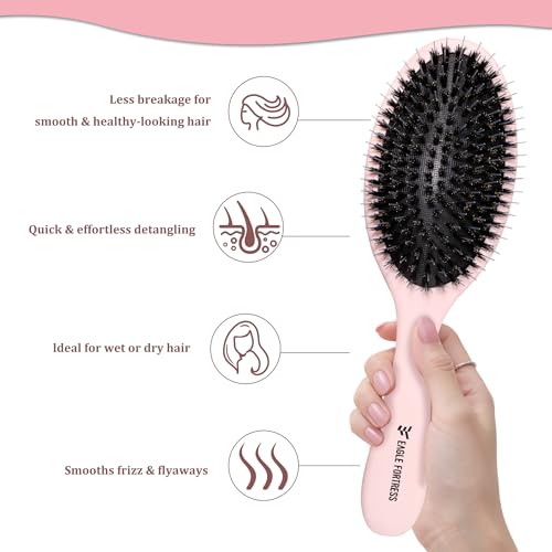 Glidease Boar Bristle Hair Brush & Hair Extension Brush – Detangler for Medium & Thick Hair – Shine Enhancing Brush for Women & Men – Premium Gift Idea for Holidays, Birthdays, Christmas (pink)