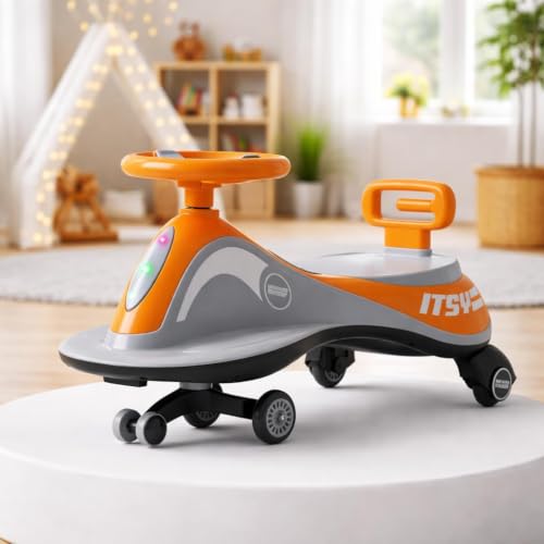 Image of Baybee Pluto Kids Swing Car | Twister Ride on Toy Car with LED Lights, Built-in Music & Scratch Resistant PP Wheels | Push Ride on Toy Kid Car | Magic Push Car for Boys & Girls 3-8 Years (Orange)