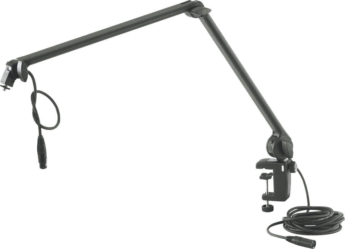 K&M König & Meyer 23860.311.55 Microphone Desk Boom Arm Stand | Thread Connector | Wide Table Clamp Range For Smooth Surfaces/Tubes | Extra Long Mic Cable w/3 Pin XLR Plug Incl. | German Made Black