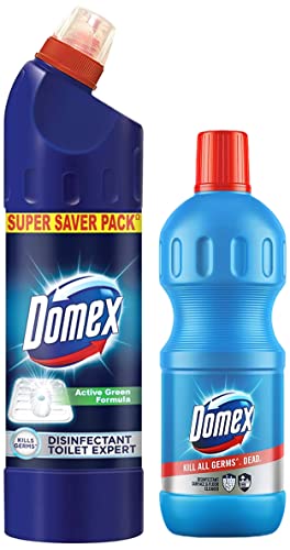 Image of Domex Disinfectant Expert Liquid Toilet Cleaner, With Power Of Sodium Hypochlorite, Removes Tough Stains And Provides Long Lasting Freshness, 1 ltr & Domex Disinfectant Floor Cleaner, 500 ml