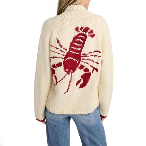 Women Lobster Print Y2K Long Sleeve Cardigan Sweater Fashion Loose Fit Button Down Knit Sweater Coat