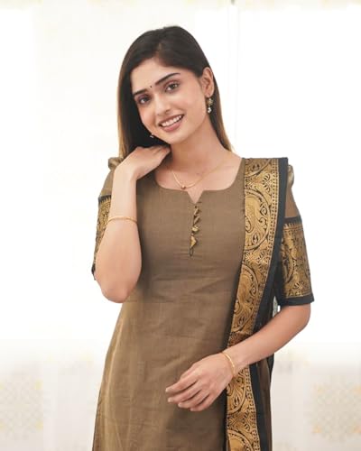 Image of TWINLIGHT Women's Kanchi Cotton Peacock Jaquard Work Kurta and Dupatta Set with V Neck Half Sleeves Straight Calf Length Kurti and Peacock Design Dupatta