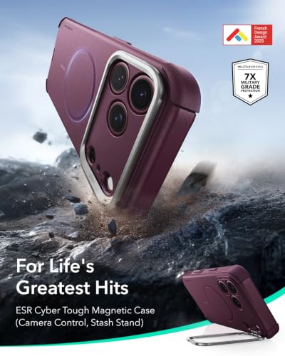 Image of ESR for iPhone 17 Pro Max Case Flex Stand, for MagSafe, Rugged, Burgundy | Camera Control, 7X Military-Grade Drop Protection, Magnetic Phone Case, Shock-Absorbing Rugged Cover, Dustproof Port Cover