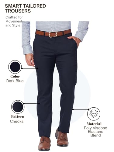 Image of Raymond Men's Slim Fit Polyester Blend Checks Pattern Flat Front Formal Trouser