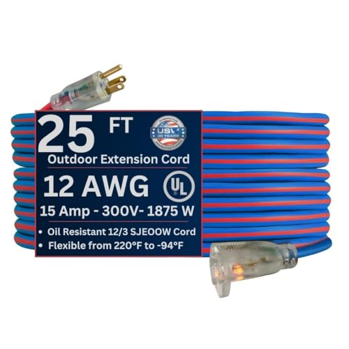 US Wire 99025 12/3 25-Foot SJEOW TPE Cold Weather Extension Cord Blue with Lighted Plug