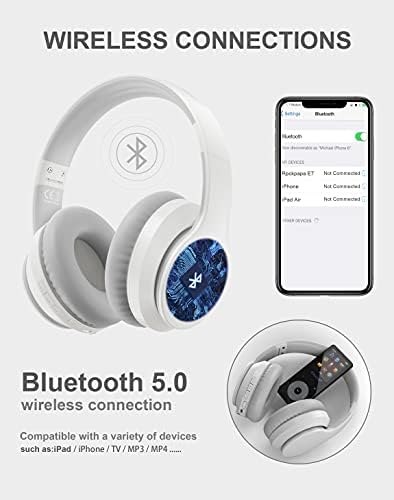 Rockpapa E7 Wireless Headphones Over Ear, Kids Bluetooth Headphones with Microphone, Foldable Hi-Fi Stereo, Wireless Wired Headphones for Phone/PC/TV, Include Travel Case, White Grey