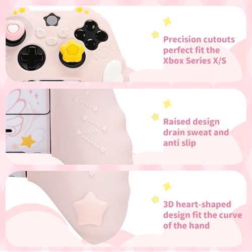 Image of GeekShare Controller Skin Grips Set for Xbox Silicone Protective Cover Skin Case Compatible with Xbox Series X Controller with 2 Thumb Grip Caps and 2 Stickers - Star Wings Series (Pink)