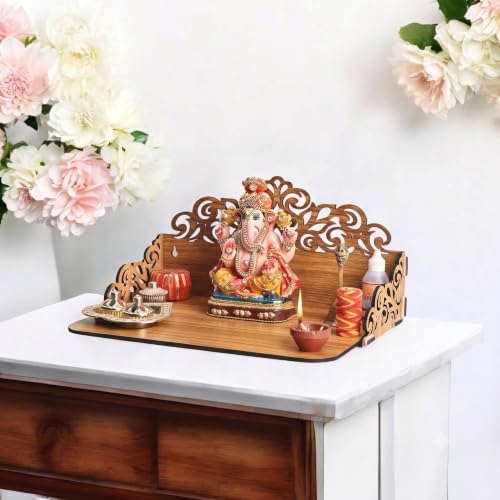 Image of Gift Kya De GKD Wooden Pooja Mandir for Home Wall | Small Temple for Office & Room | Indian Wooden Temple for Table or Shelf | Compact DIY Mandir | 12x9x6 Inch | Classic Design (Classic Walnut)